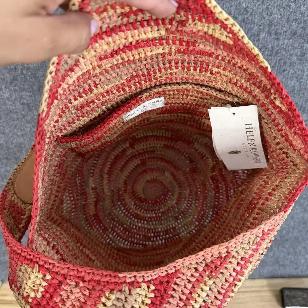 Helen Kaminski Raffia Shoulder Tote Bag Red Striped Crochet Market Minimalist